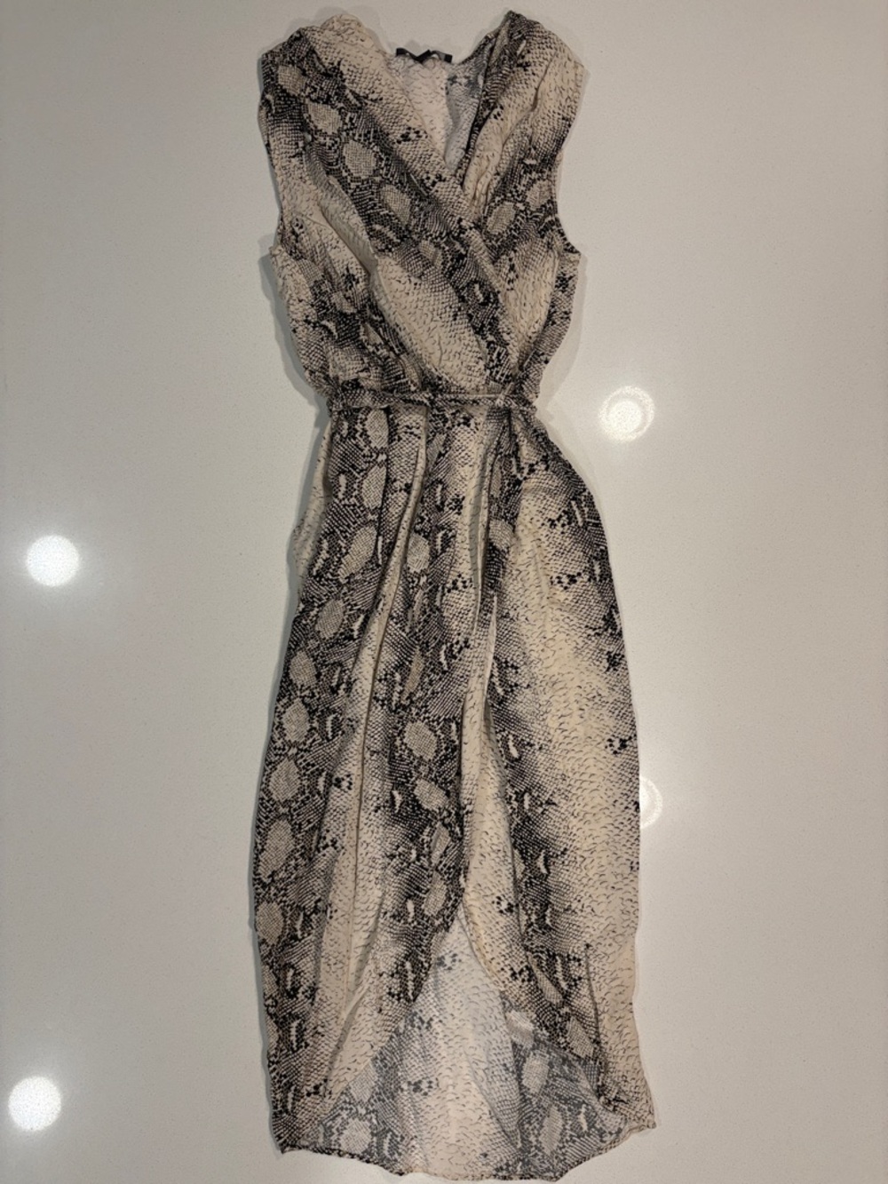 Sleeveless Snake-Print Midi Wrap Dress in Beige and Black